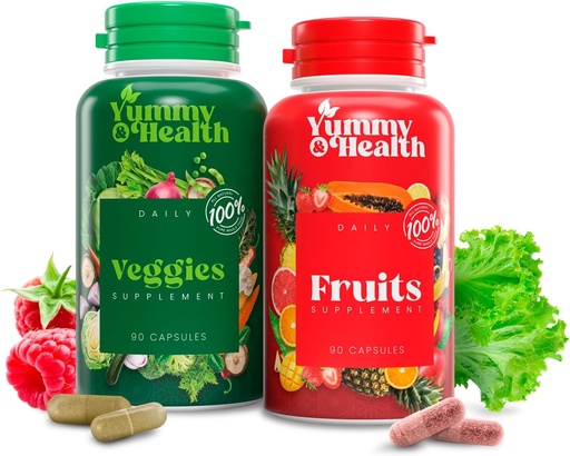 [BRSROAL5DN6AIGTV] Yummy & Health Fruits & Veggies Capsules – 33+ Whole Superfoods from Fruits & Vegetables | 90 Fruit + 90 Veggie Capsules | Vegan, Non-GMO, Gluten-Free | Plant-Based Nutrients & Fiber