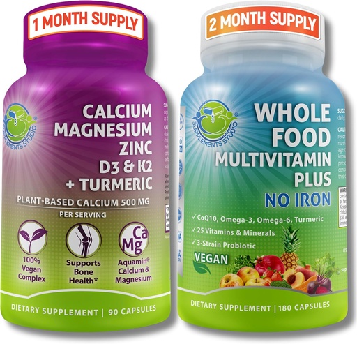 [BRSRAHAYB5YBSF3K] SUPPLEMENTS STUDIO Daily Immune, Bone & Energy Support Bundle for Men & Women – Vegan Whole Food Multivitamin Without Iron & Plant-Based Calcium Magnesium with D3, K2 & Turmeric – Vegan, Non-GMO