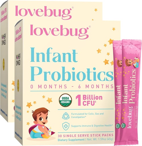 [BRSWGBAEBUMRGFLF] LoveBUG Infant Probiotikoak 0-6 hilabete - USDA Probiotiko organikoak haurtxoentzat, onartzen ditu Baby Gas, Colic, Diarrhea eta Jaioberrien Lehorpen Erliebea, Allergen & Sugar Free, tasteless Powder, 60 Pack