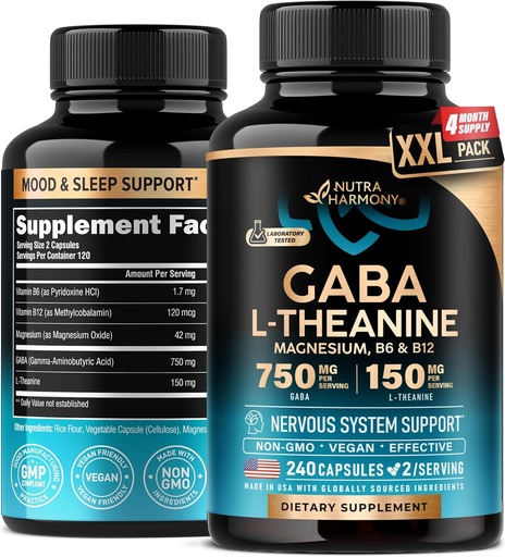 [BRSRAFAKDF6G2G3V] GABA L-Theanine 900 mg - Valmistettu USA: ssa - Magnesium B6- vitamiini - Rauhallinen, uni, rentoutuminen ja mielialan tuki - 750 mg Gamma AminoButyric Acid, 150 mg L-Theanine - ei-luontotyyppi muodossa, Vegan - 240 kapselia
