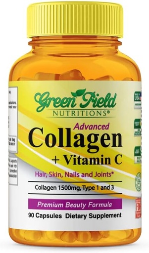 [BRSWYZTYPN5QGHL4] Greenfield Nutritions - Halal Collagen Peptides 1500 mg Type I & III, with Vitamin C 300 mg for Better Absorption, Halal Anti-Age Formula for Hair Skin Nails & Joints, Halal Vitamins 90 Capsules