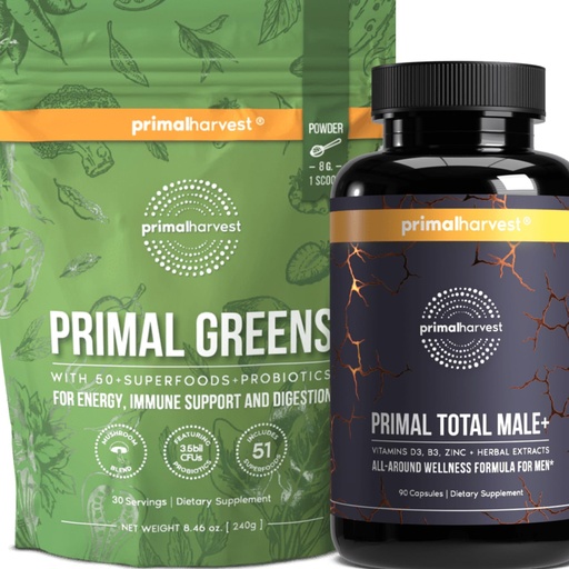 [BRSRMBQNCUHAAF3G] Primal Harvest Primal Total Male+ & Primal Greens Men's Multivitamin and Nutritional Supplement with Ginseng, Vitamins D and B, zinc, probiotics and More, Gluten and Dairy Free