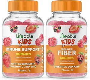 [BRSRMYIZAECAMFA6] Lifeable Immune Support Kids + Prebiotic Fiber Kids, Gummies Bundle - Great Tasting, Vitamin Supplement, Gluten Free, GMO Free, Chewable Gummy