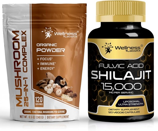 [BRSRAAY7AR5RE3T2] WELLNESS LABSRX Mushroom Powder 2000mg - Shilajit Pure Himalayan 15,000mg Capsules