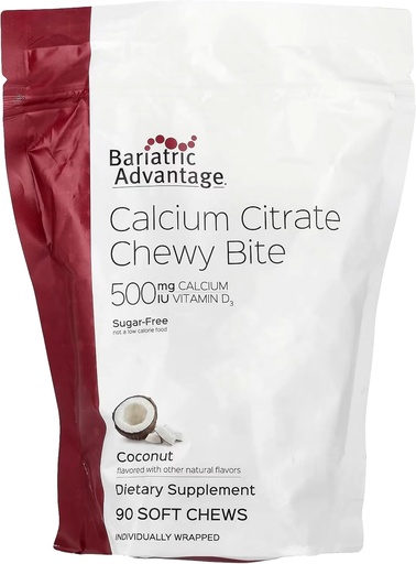 [BRSWKFT5OIMQGGDC] Bariatric Advantage Calcium Citrate Chewy Bites 500 mg - Highly Absorbable & Digestible - Vitamin D3 - Easily Chewable Calcium Supplement - Coconut Flavor - 90 Count