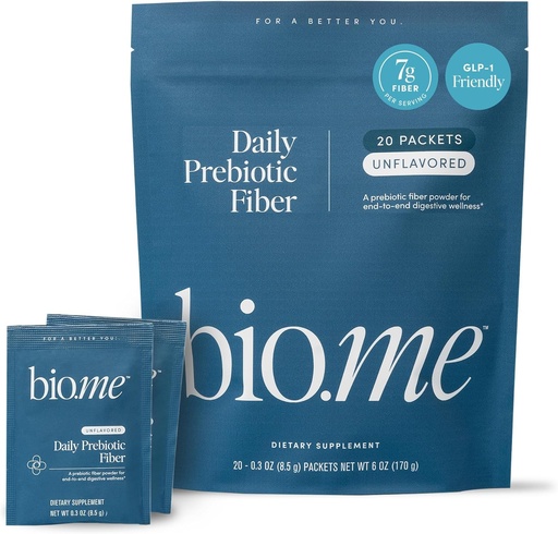 [BRSRAYANOYCRQG3G] Bio.me Daily Prebiotic Fiber Powder Unflavored - 20 Travel Packs, 7g Per Serving - Soluble & Insoluble Fiber Supplement for Women & Men - Digestive Health & Gut Health - GLP-1 Friendly, Sugar Free