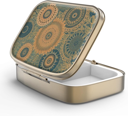 [BRSRMYYNBBYAA3D3] Pill Case Pill Box with Mirror Retro 2 Compartment Small Pill Case for Purse or Pocket Bronze Rectangular Pill Box or Vitamins, Fish Oil, Supplements, Pill Containe Travel Gifts（Retro Mandala）