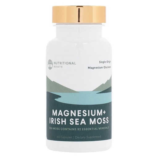 [BRSRMHTYCR6BGG3F] Nutritional Roots - Magnesium + Irish Sea Moss - 350mg Magnesium Glycinate & Organic Irish Sea Moss - Essential Minerals - Supports Heart & Bone Health - Dietary Supplement - 30 Servings - 60 Capsules
