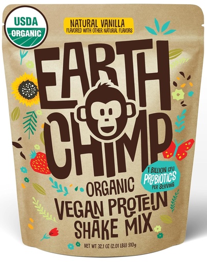 [BRSWGGQKAQCAGH3B] EarthChimp Organic Vegan Protein Powder - Probiotics - Non GMO, Dairy Free, Non Whey, 여성 및 남성을위한 식물 기반 단백질 분말, 글루텐 무료 - 26 서빙 32 Oz (Vanilla)