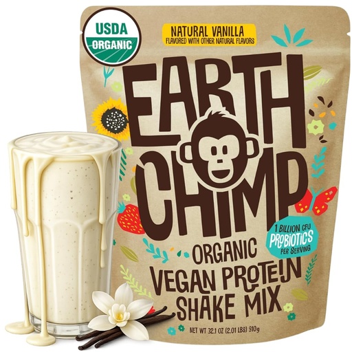 [BRSWGGQKAQCAGH3B] EarthChimp Organic Vegan Protein Powder - with Probiotics - Non GMO, Dairy Free, Non Whey, Plant Based Protein Powder for Women and Men, Gluten Free - 26 Servings 32 Oz (Vanilla)