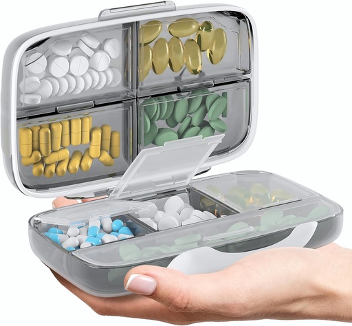 [BRSRAYAZOANQOE3J] Travel Pill Organizer - Airtight Medicine Case for Traveling Portable Pharmacy Box with Labels Vitamin Container 8 Compartment Supplement Medication Holder Large Capacity Daily (Grey)