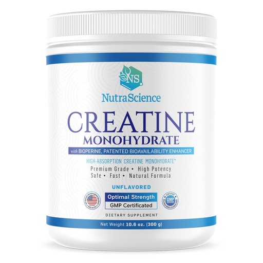 [BRSROGINCMMBOALG] NutraScience Creatine Monohydrate Powder with BioPerine, Supports Lean Muscle Growth and Recovery, 60 Servings, 5000mg Per Serving, Unflavored, GMP sertified, Vegan Friendly, Non GMO