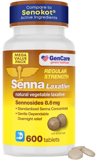 [BRSWGHQBAB6GYDY4] GenCare Senna Laxative 600 Tablets Senna 8.6mg Tablets with Natural Sennosides | Laxatives for Constipation, Bloating, Gas & Irregularity Relief. Safe & Effective | Generic for Senokot
