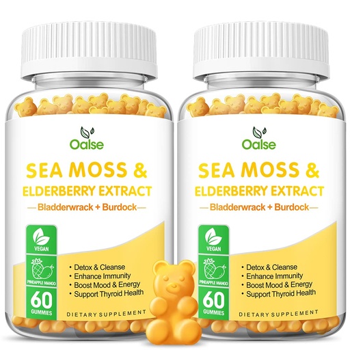 [BRSRMED6AF7ROFDK] Sea Moss Gummies for Adults and Kids, 2000mg Raw Seamoss, Bladderwrack, Burdock Root, Elderberry, Pepper, Vitamin C & D3, Zinc Supports Immune System & Boost Energy (2-Pack)