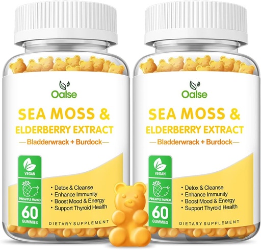[BRSRMED6AF7ROFDK] Sea Moss Gummies for Adults and Kids, 2000mg Raw Seamoss, Bladderwrack, Burdock Root, Elderberry, Pepper, Vitamin C & D3, Zinc Supports Immune System & Boost Energy (2-Pack)