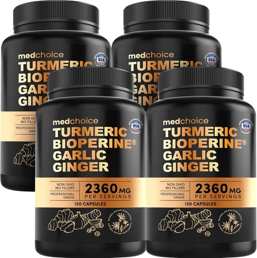 [BRSRMYD6CQDQIEQ7] 4-in-1 Turmeric and Garlic Supplements with BioPerine – 2360mg Turmeric Ginger Root Capsules with Garlic – High Potency Herbal Blend (120 ct, Pack of 4)