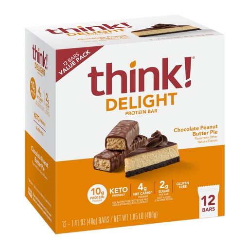 [BRSRMGQEO4MA23TF] think! Delight Protein Bars, Chocolate Peanut Butter Pie, Low Sugar & Low Carb Gluten-Free Snack, Keto Friendly Snacks, 12 Count (Packaging May Vary)