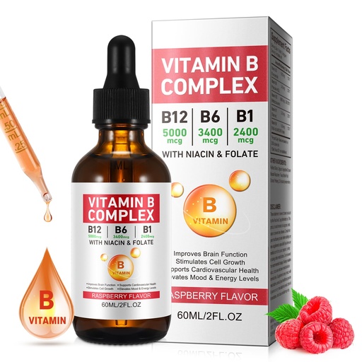 [BRSRAGA2AAAQ4CTP] Vitamin B Complex Liquid, Vegan Vitamin B12 Liquid Drops | B12 Methylcobalamin | B1 Thiamine | B6 Pyridoxine | Folic | Niacin - B Complex Liquid Drops, Support Energy, Brain & Heart, 40 Servings