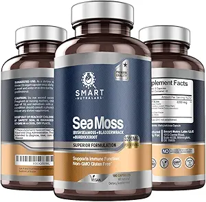 [BRSRMBIDCQGW2ETJ] Smart Nutra Labs Organic Sea Moss 3200MG Per Serving- 180 Vegan Capsules- Irish Sea Moss, Bladderwrack and Burdock Root- Premium Quality Supplement for Immune Support and Overall Health