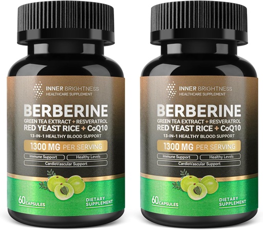 [BRSRAGA5O5YQIFIV] Berberine 1300mg with Green Tea Extract, Resveratrol, Red Yeast Rice & CoQ10 – 13-in-1 Immune Health, Natural Metabolic Support – 60 Capsules – Non-GMO, Lab Tested - 2 Pack