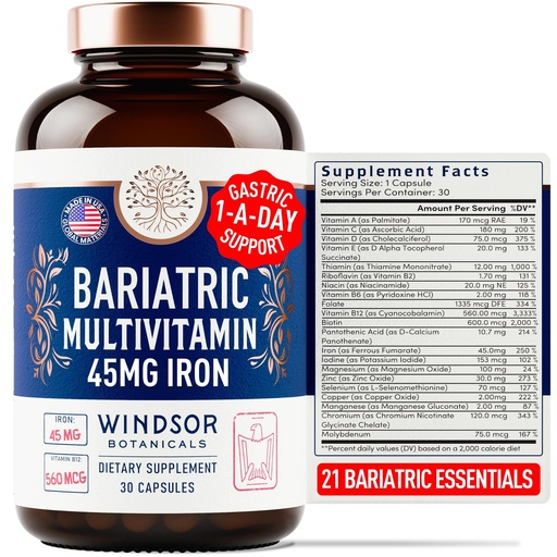 [BRSRAZYQDMHQAELF] Bariatric Multivitamin with Iron - 45 mg Iron Once Daily, 21 Essential Vitamins - Easy to Swallow Bariatric Vitamins for Women & Men - Gastric Bypass, Gastric Sleeve Recovery Support - 30 Capsules