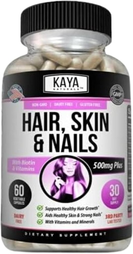 [BRSW2ELYCF5GKF3J] Kaya Naturals Hair Skin Nail Capsules BIOTIN Vitamin D Vitamin B-12 A Folic Acid Support, Hair Support Vitamin Supplement