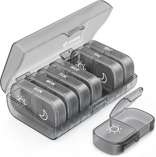 [BRSROCAFAUFBU2D2] AUVON XL Weekly Pill Organizer 2 Times a Day, Pill Box 7 Day with One-Side Large Openings for Easy to Use, Gray AM PM Pill Case for Medication, Vitamins, Fish Oils, Supplements
