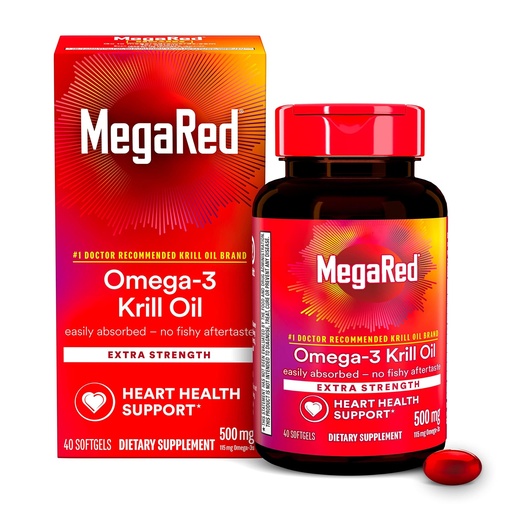 [BRSWIZYMBABWKGD4] MegaRed Omega-3 Krill Oil 500mg Extra Strength softgels (40 Count in a Box) - Krill Oil No Fishy Aftertaste