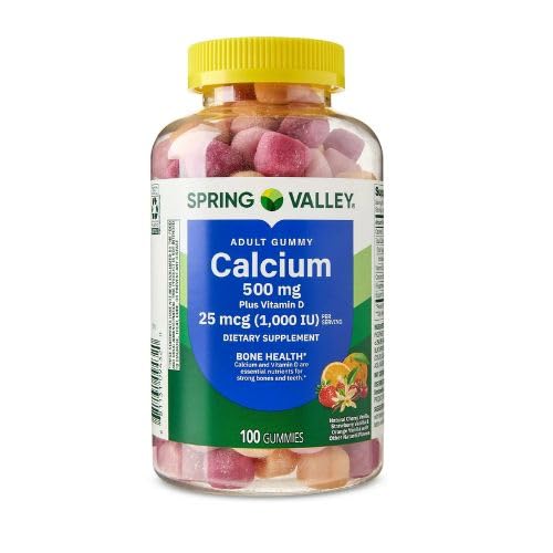[BRSRAGT6PMPQAFLJ] Spring Valley Calcium 500 mg Plus Vitamin D 25 mcg Bone Health Dietary Supplement Gummies, 100 Count + DRI Store Sticker.