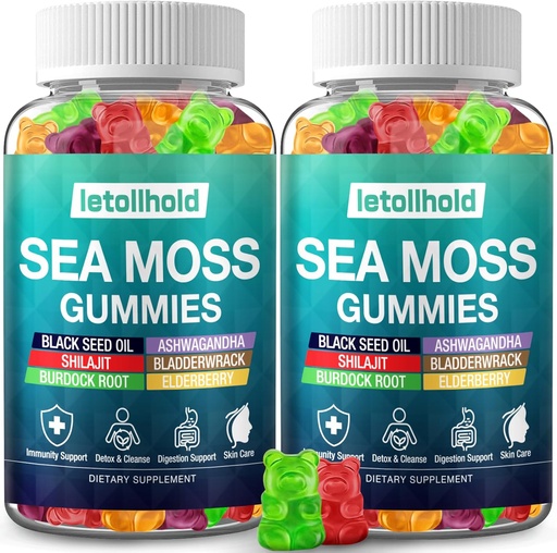 [BRSRAHAEA4FGMETL] Sea Moss Gummies - Irish Sea Moss Gummies Advanced for Adults with Ashwagandha Bladderwrack & Burdock Root for Supports Immune，Energy - 60 Vegan Gummy,2PCS