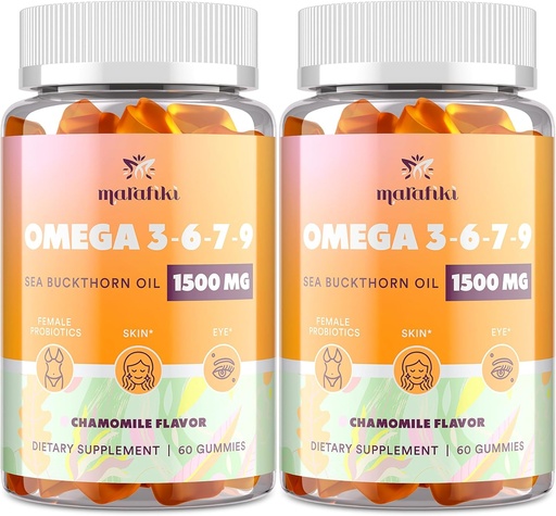[BRSRAEILOQHWO33O] Omega-7 Sea Buckthorn Oil Gummies, Omega 3 6 7 9 Supplement for Women, Flaxseed Oil, Vitamins E, A & Probiotics - Skin, Eye & Dryness, Chamomile Flavor - 120 Gummies