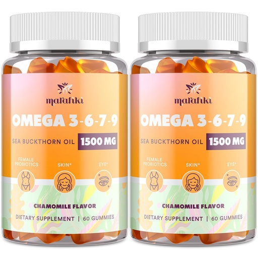 [BRSRAEILOQHWO33O] Omega-7 Sea Buckthorn Oil Gummies, Omega 3 6 7 9 Supplement for Women, Flaxseed Oil, Vitamins E, A & Probiotics - Skin, Eye & Dryness, Chamomile Flavor - 120 Gummies