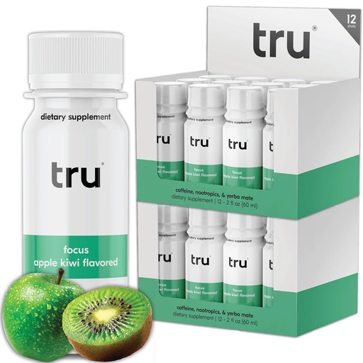 [BRSRMGD5CUGWMEI4] Tru Focus Shot, Apple Kiwi Flavored Extra Strength Energy Shots - Zero Sugar Nootropic Drink plus Adaptogens, Choline, and Yerba Mate - Natural Caffeine, GF, Keto, Vegan Supplement, 2oz (Pack of 12)