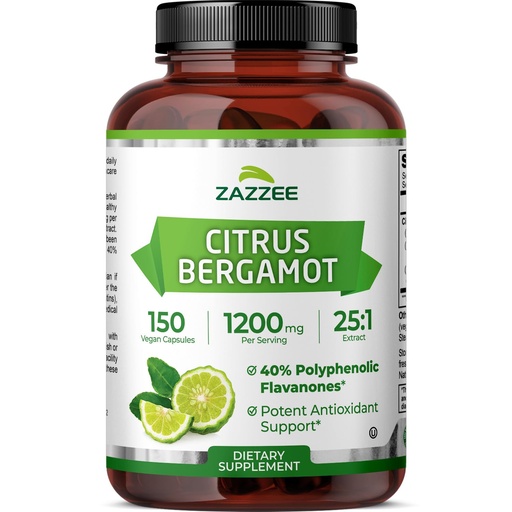 [BRSRMZL5OACQOC3X] Zazzee Citrus Bergamot 25:1 Extract, 1200 mg Per Serving, 40% Polyphenolic Flavanones, 150 Vegan Capsules, 5 Month Supply, Citrus Bergamia, Antioxidant Support, Certified Kosher, Non-GMO, Made in USA