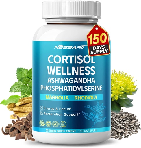 [BRSRAZYEBENA2C37] CORTISOL Wellness Ashwagandha 14-in-1 Natural Blend with Phosphatidylserine Magnolia Rhodiola St. John's Wort Peppermint Bacopa - 150 Count - Made & Tested in The USA