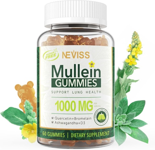 [BRSRMZALCAARGYA4] NEVISS Mullein Gummies for Lungs, Organic Mullein Leaf Extract 1000mg for Respiratory System with Quercetin & Bromelain, D3 for Digestive Support, Immune Booster, Sugar Free, Vegan, 60 Count