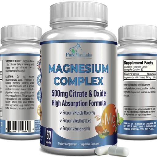 [BRSW2EINPMOWAHT2] High Absorption Magnesium Citrate Complex 500mg Magnesium Citrate & Oxide – Supports Calm Sleep, Muscle Cramp Relief, Muscle Recovery, Healthy Teeth & Bones, Non-GMO – 60 Vegetable Capsules