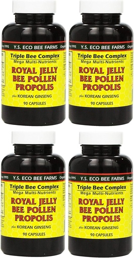 [BRSWKFQ5CEORSDDC] Y.S. Eco Bee Farms, (4 Pack) Royal Jelly, Bee Pollen, Propolis, Plus Korean Ginseng, 90 Capsules