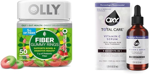 [BRSRAY33AAFGOD3L] OLLY Fiber Gummy rõngad 50ct + Oxy Total Care hüdrateerimine C-vitamiini seerum seedetrakti toetuseks, selgem nahk
