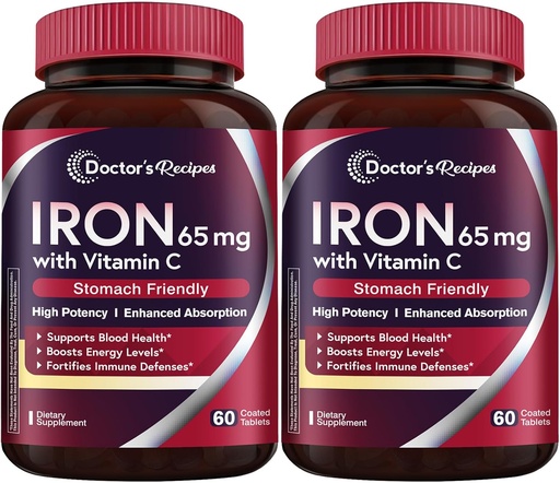 [BRSRAFQCCEIQ2F3O] Doctor's Recipes Iron Supplement 65 mg with Vitamin C - Maximized Absorption & Stomach Friendly Iron Pills for Red Blood Cells Formation, Heart, Brain & Immunity Health - Vegan 120 Tabs (Pack of 2)