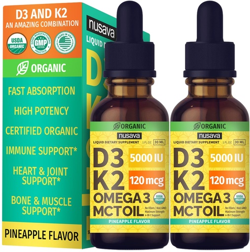 [BRSROHQ5CRYAMHLG] (2 Pack) Organic Vitamin D3 K2 Drops with MCT Oil & Omega 3 - Liquid Vitamin D3 5000 IU - K2 D3 Vitamin Supplement - Vitamin D Drops for Women & Men - No Fillers, Non-GMO, GMP, Pineapple (2 Fl Oz)