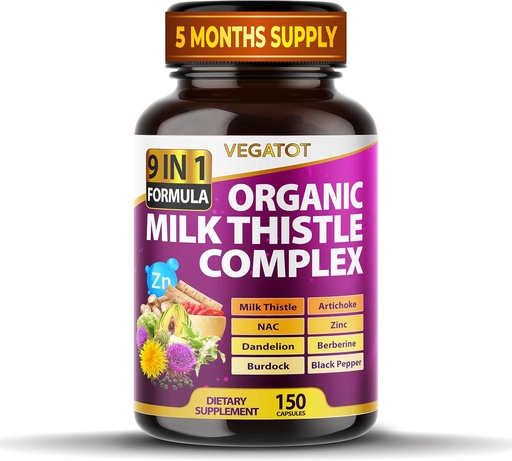 [BRSROAI2A4MRUFY6] VEGATOT Organic Milk Thistle Complex 9 in 1 Formula - with Milk Thistle Artichoke NAC Zinc Dandelion Berberine Burdock Black Pepper (150 Count (Pack of 1))