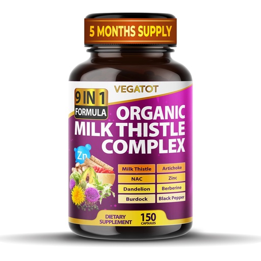 [BRSROAI2A4MRUFY6] VEGATOT Organic Milk Thistle Complex 9 in 1 Formula - with Milk Thistle Artichoke NAC Zinc Dandelion Berberine Burdock Black Pepper (150 Count (Pack of 1))