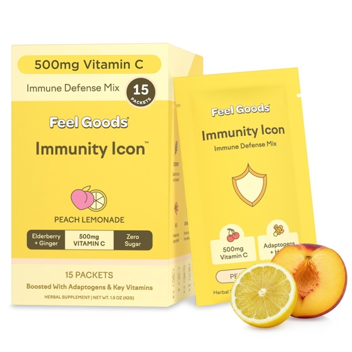 [BRSRMGQTDICRS2TJ] Feel Goods Immunity Icon, Vitamin C Immune Support Powder Packets - 500mg Vitamin C, Elderberry, Ginger, Turmeric & Key Vitamins for Daily Immune Health - Sugar-Free & Caffeine-Free Drink Mix Packets