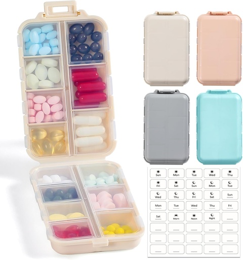 [BRSRAZAOAUCAYYI6] 4 Pack, 14 GRIDS Travel Pill Organizer Box with Labels - Travel Medicine Case Kit - Pocket Daily Pharmacy Container - Travel Medication Holder Dispenser for Fish Oil Vitamin Supplement Storage