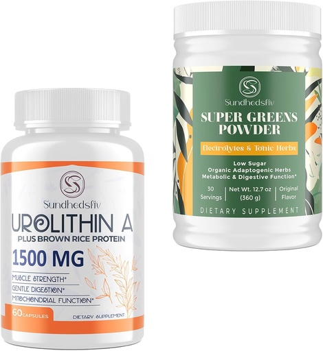 [BRSRABTQCF6WMAA7] Urolithin A Supplement 1500MG Plus Brown Rice Protein + Super Greens Powder Superfood Supplement with Electrolytes & Tonic Herbs