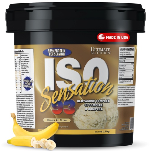 [BRSWIYIBBIOACH3O] Ultimate Nutrition Whey Protein Isolate Powder with Glutamine Complex, ISO Sensation 93 - Whey Protein Powder with Added Colostrum for Enhanced Recovery, Immunity & Gut Health - Banana, 5lbs