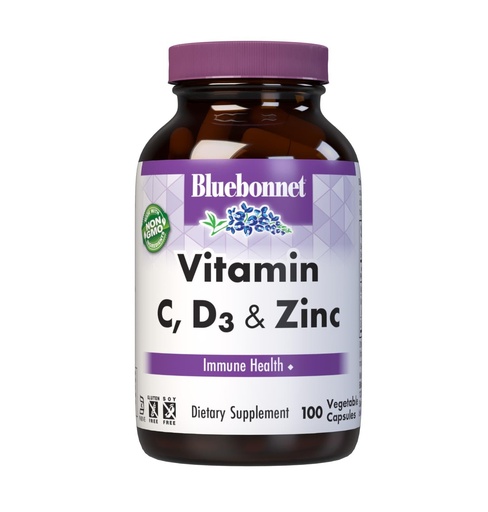 [BRSW2GQHOENBAAL3] Bluebonnet Nutrition Vitamin C, D3 & Zinc, for Immune Health and Respiratory Function*, Soy-Free, Gluten-Free, Non-GMO, Kosher Certified, Dairy-Free, 100 Vegetable Capsules, 100 Servings
