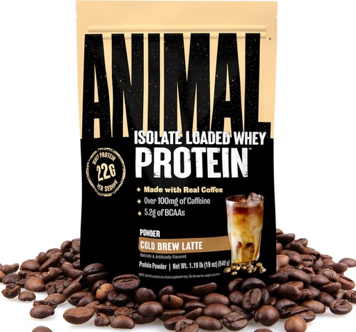 [BRSRAAT4CAORQE3H] Animal Whey Protein Coffee Powder, Loaded with 22g of Protein, 100mg of Caffeine, and BCAAs for Pre & Post Workout Muscle Builder Recovery with Digestive Enzymes for Men & Women, Cold Brew Latte, 1 lb