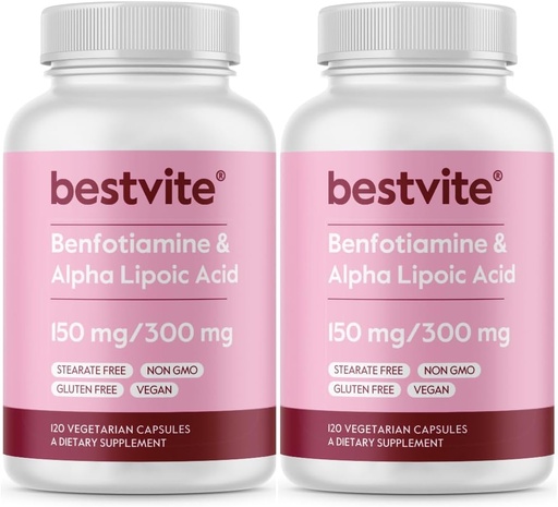 [BRSW2HQBOUCBE2Y3] Benfotiamine 150mg / Alpha Lipoic Acid 300mg (240 Vegetarian Capsules)(120x2) - No Stearates - Vegan - Gluten Free - Non GMO